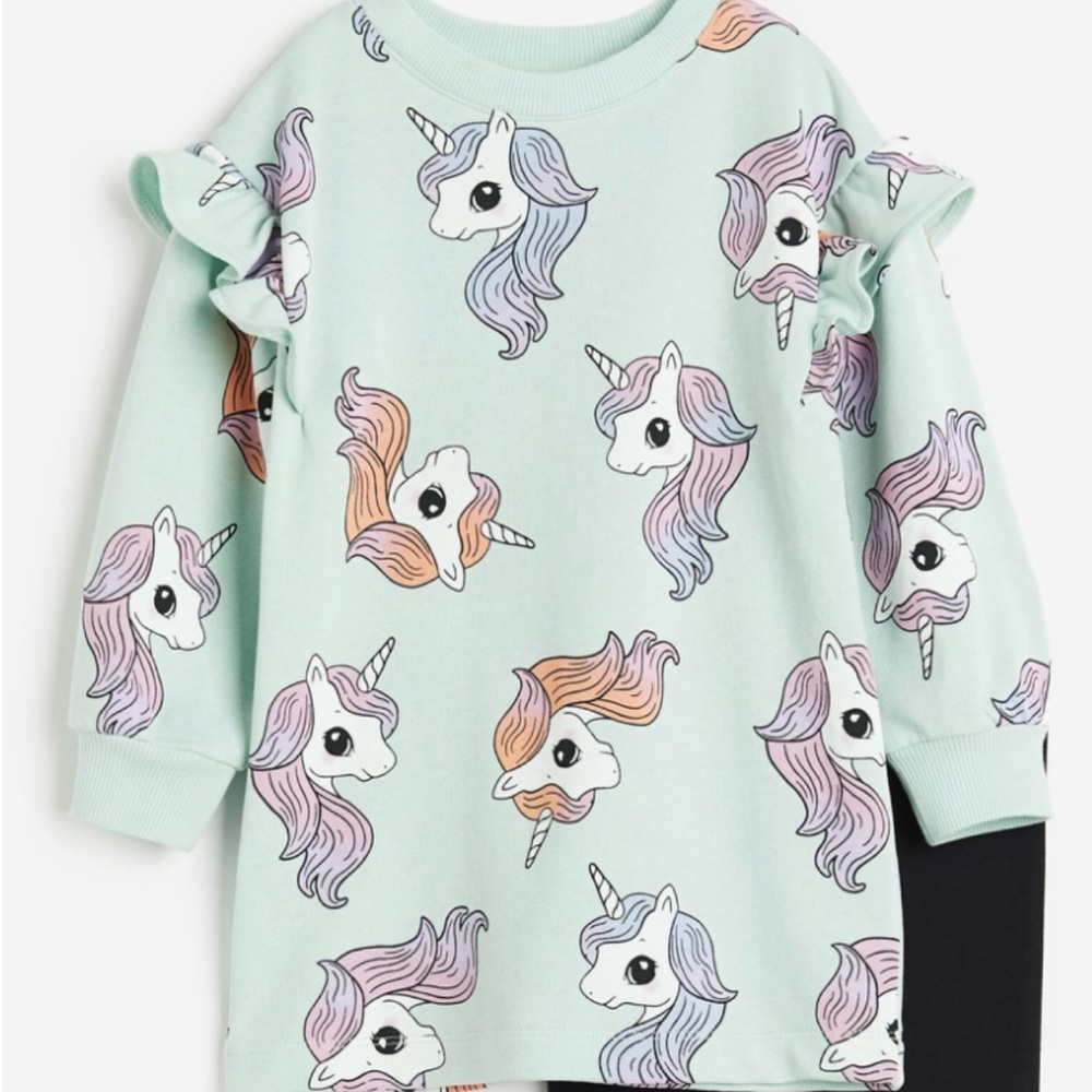 H&M Green and Purple Unicorn Sweatshirt with Ruffle Detail